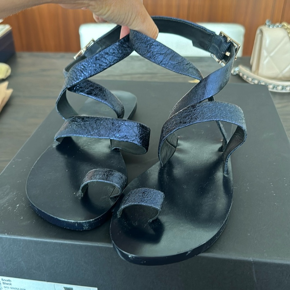TIBI metallic navy ankle wrap sandals NEW
